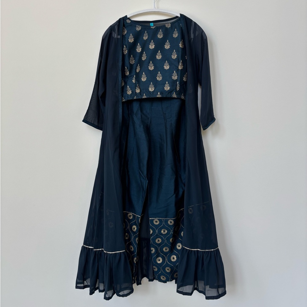 Navy Blue Silk Blend Set with Crop Top, Palazzo Pant, and Organza Jacket